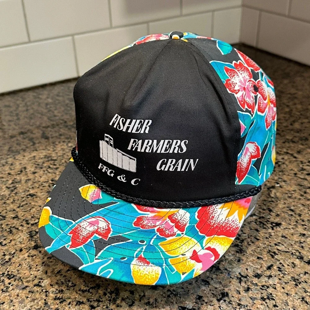 Vtg‎ Fisher Farmers Grain Floral Print NISSUN Trucker Hat Snapback